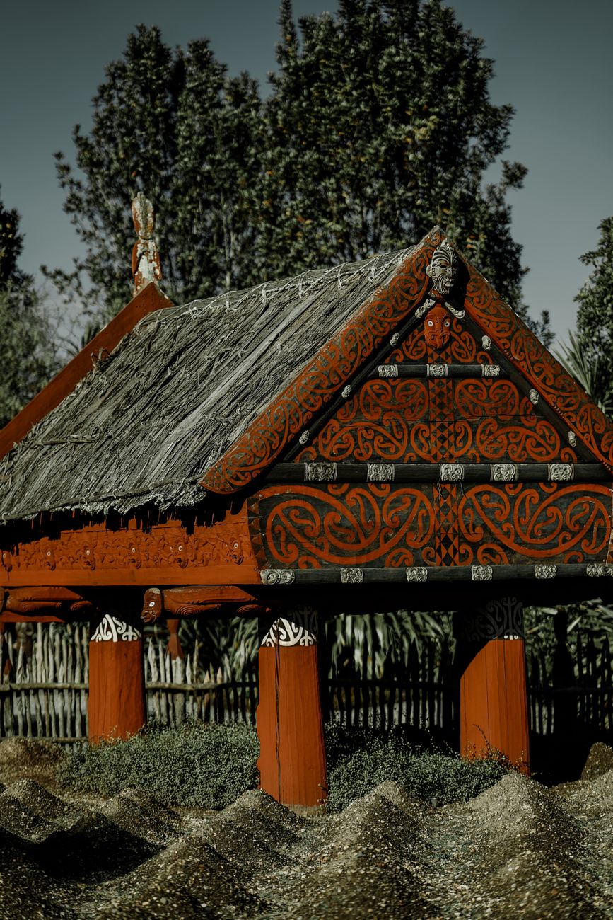 Traditional Maori carving Marae building